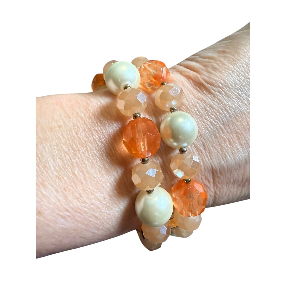 Orange Peach Faux Pearl Multi Strand‎ Stretch Beaded Bracelet Gold Tone Accents